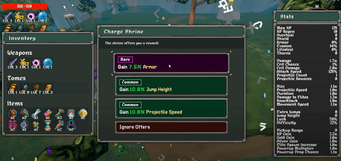 Megabonk items including Chaos Tome, Bloodmark, Anvil, and legendary drops